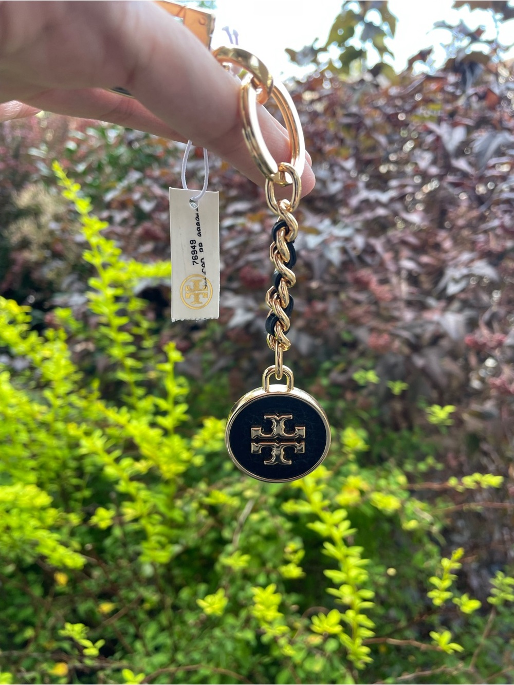 Tory Burch Black and Gold Enamel Logo Key & Card Holder Charm